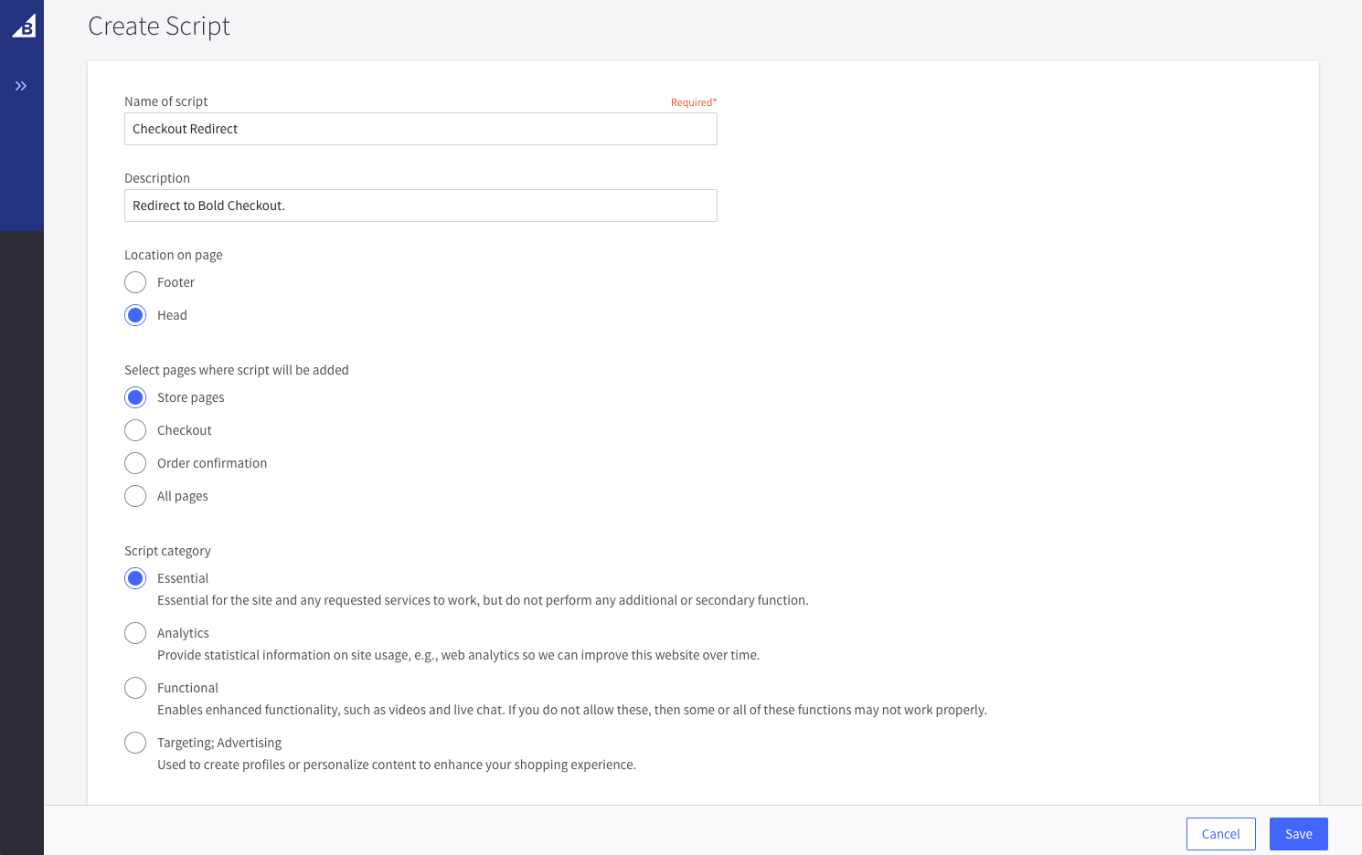 Screenshot of BigCommerce "Create Script" admin