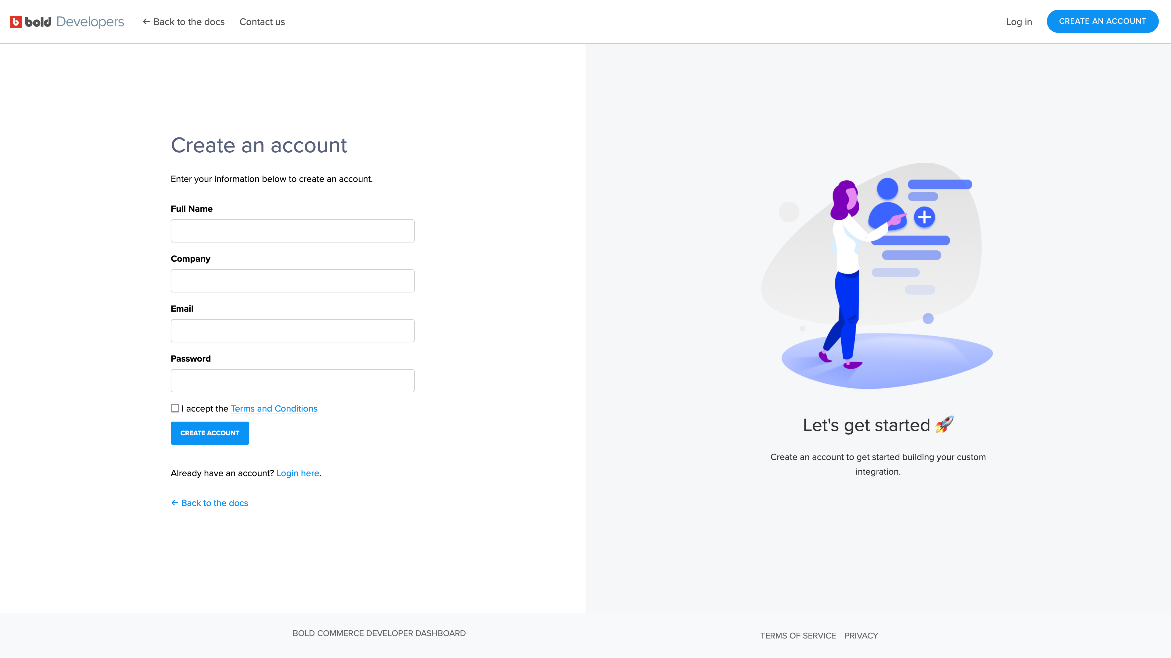Screenshot of the developer dashboard account creation page.