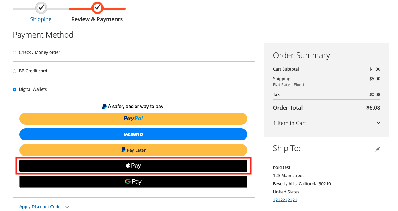 A screenshot of digital wallets showing the Apple Pay button