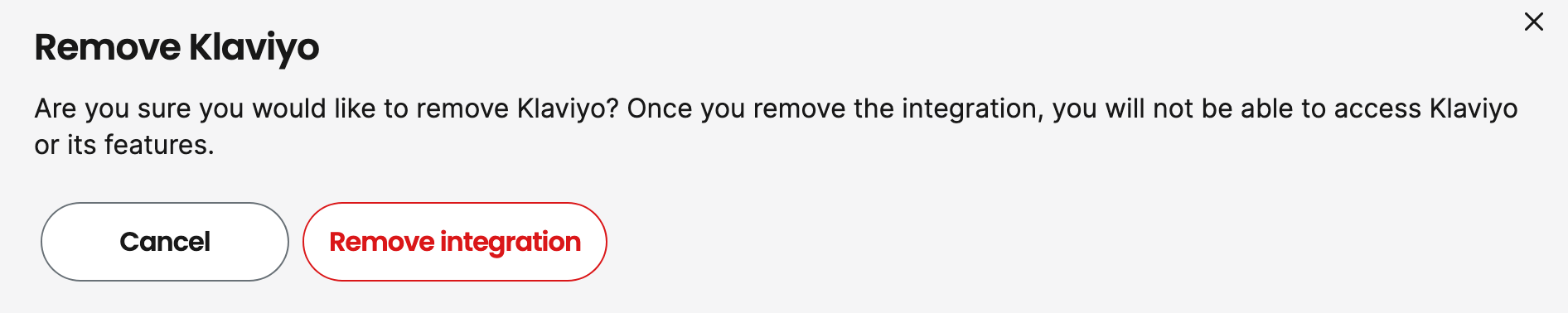 Screenshot of the Klaviyo marketplace integration uninstall pop-up.