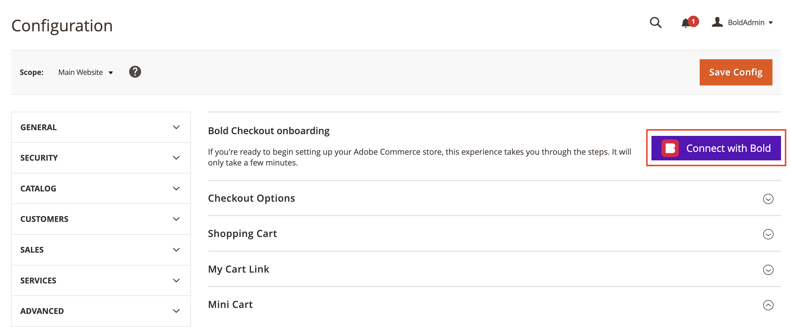 Connect with Bold onboarding button