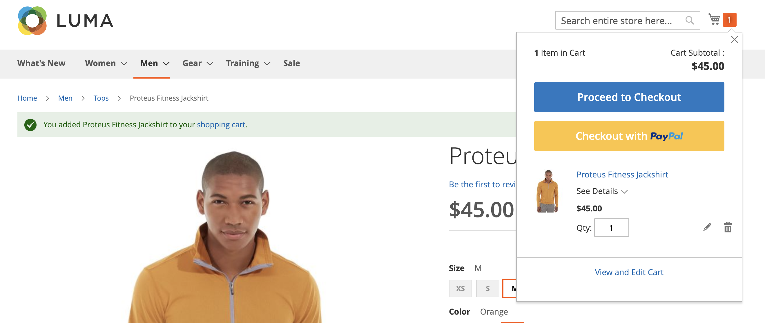 Screenshot of a cart preview in an Adobe Commerce Store. Both "Proceed with Checkout" and "Checkout with PayPal" are available.