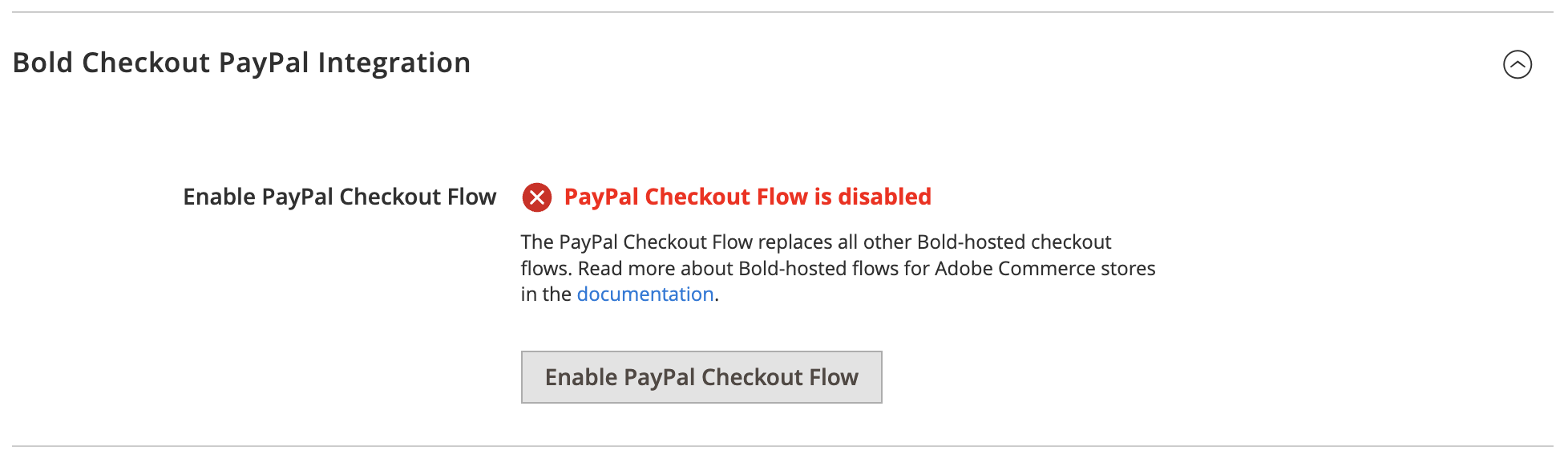 Screenshot of the expanded Bold Checkout PayPal Integration section in the Adobe Commerce Admin.