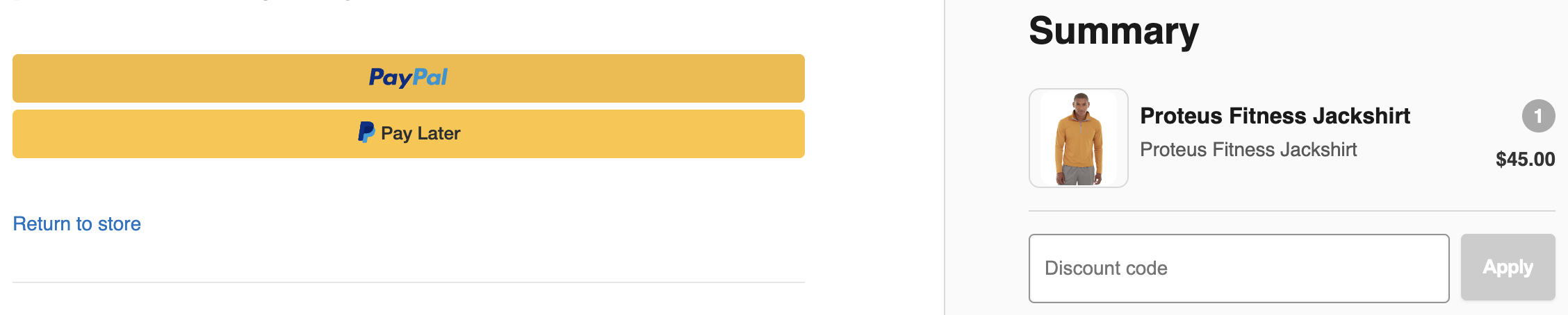 Screenshot of a PayPal options in an Adobe Commerce store checkout. "PayPal" and "Pay Later" are available.