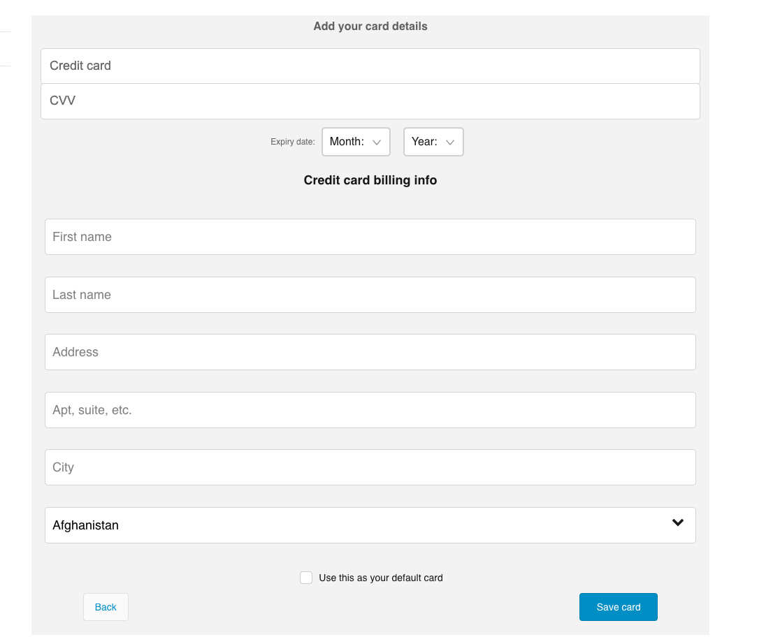A screenshot of the PMMC iframe add saved payment method screen